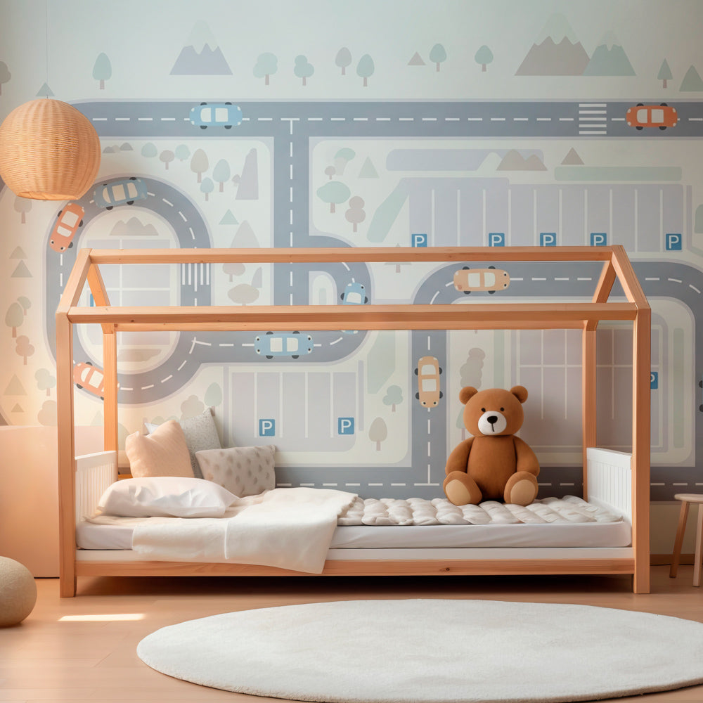 Automotive road wallpaper in modern kids playroom encouraging imaginative play by Kids-Mundo