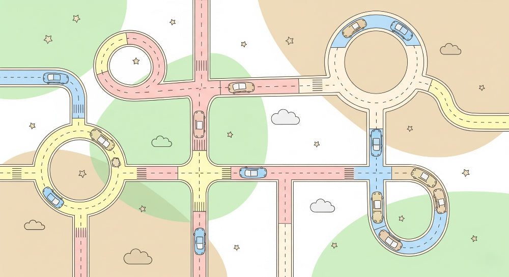 Detailed car roads mural wallpaper design pattern showing colorful circuit layout by Kids-Mundo