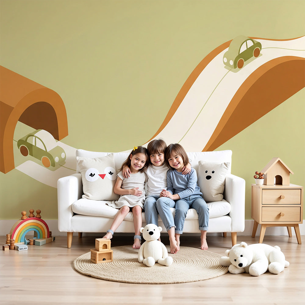 Kids-Mundo car and tunnel wall mural styled in a soft green nursery room