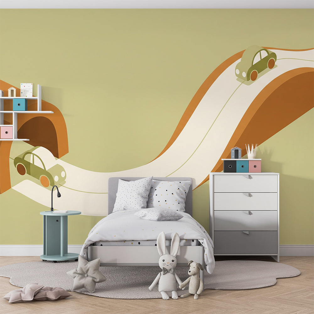 Kids-Mundo little car and tunnel wall mural brightening a children's playroom