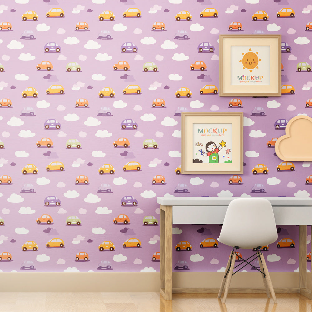Purple background cars mural wallpaper transforming children's room into adventure space