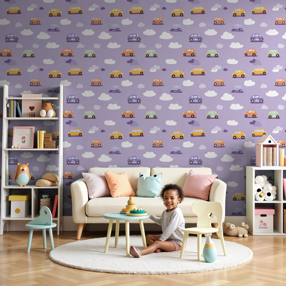 Colorful cars mural wallpaper in modern nursery with purple background by Kids-Mundo