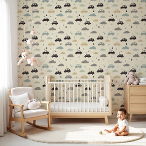 Colorful cars mural wallpaper with clouds decorating modern nursery room by Kids-Mundo