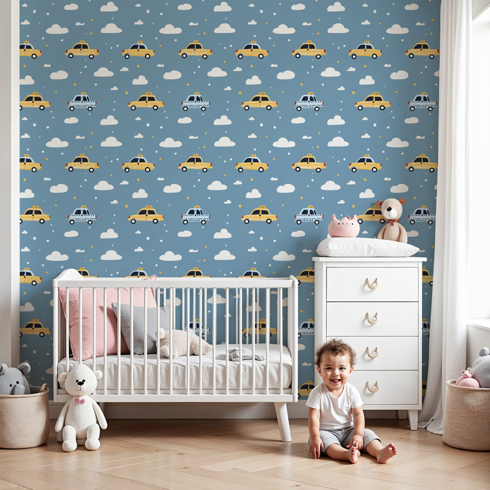 Colorful cars mural wallpaper in modern nursery with floating vehicles and clouds by Kids-Mundo