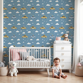 Colorful cars mural wallpaper in modern nursery with floating vehicles and clouds by Kids-Mundo