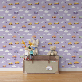Cars wallpaper creating playful toddler bedroom decor with toy vehicles and clouds