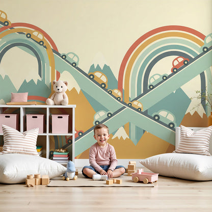 Kids-Mundo rainbow road cars wall mural styled in a bright, playful nursery room.