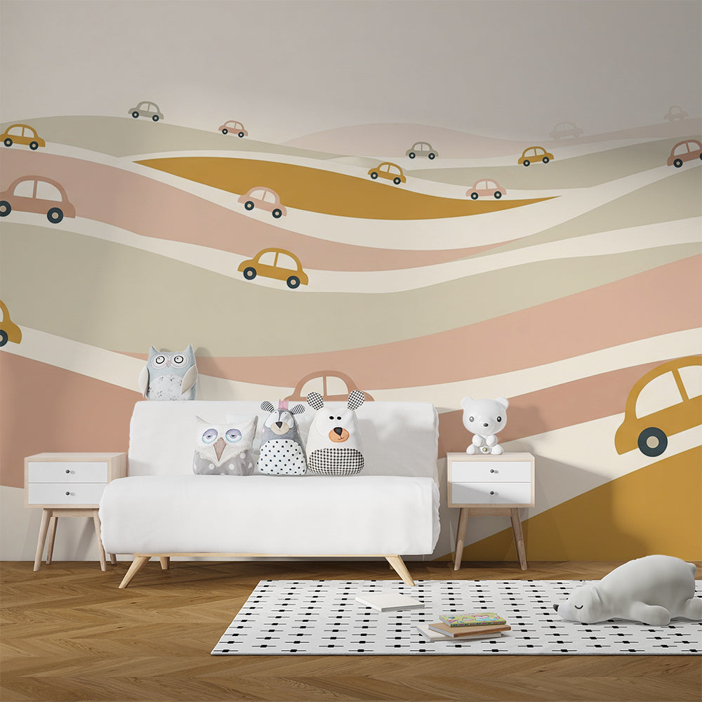 Kids-Mundo car wall mural bringing cheerful rolling hills to a playroom wall