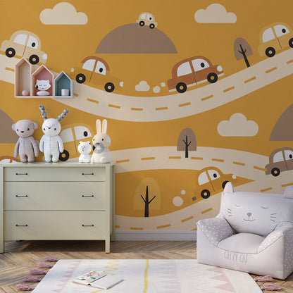 Kids-Mundo cars and winding roads wall mural on a feature wall in a boys bedroom