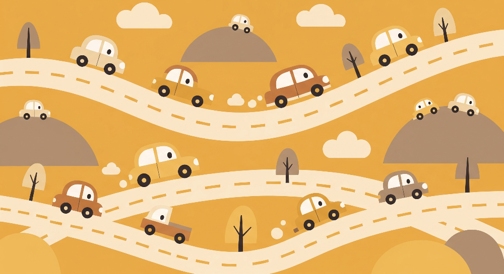 Flat artwork of the Kids-Mundo colourful cars mural with winding roads and hills