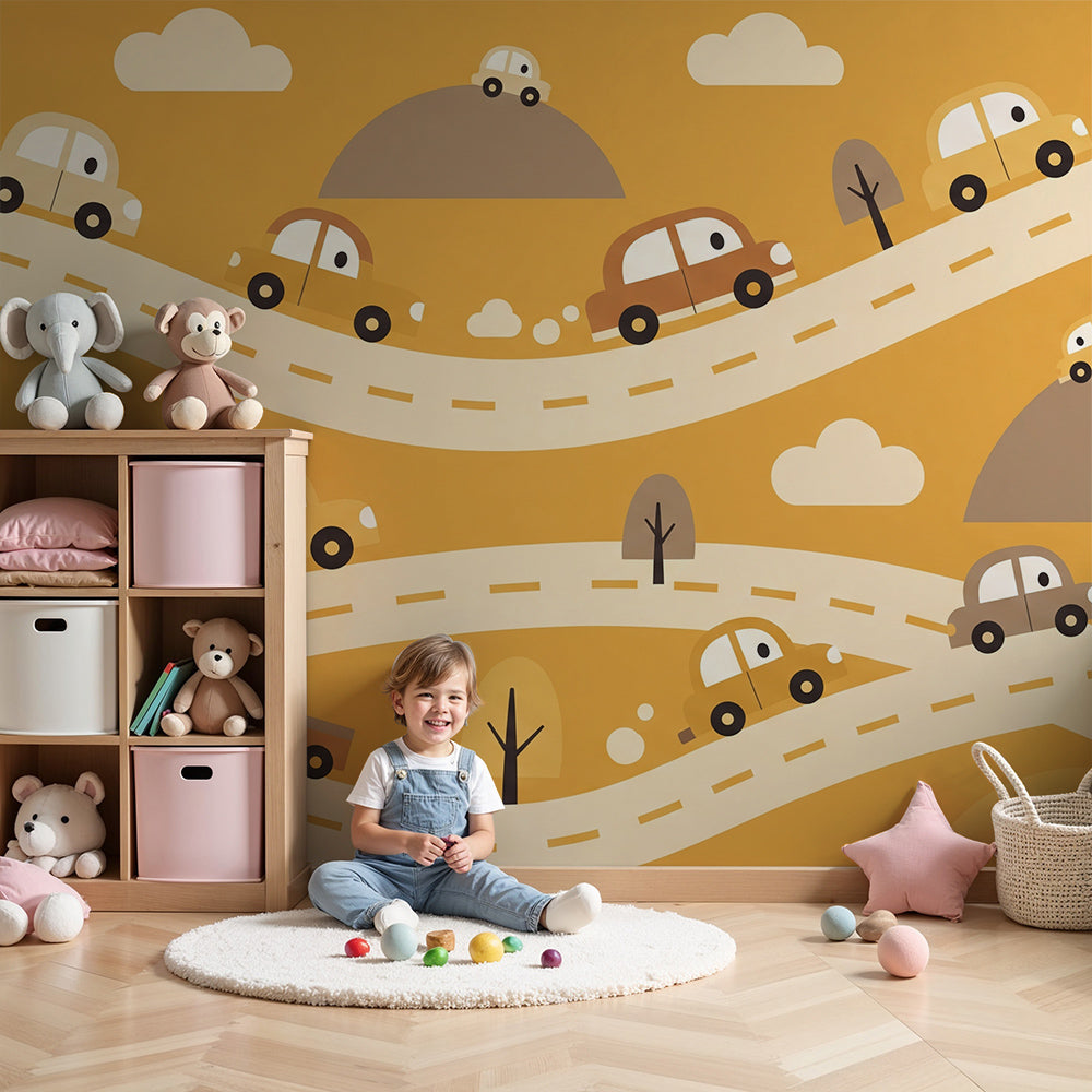 Kids-Mundo colourful cars wall mural above a cot bed in a mustard-toned nursery