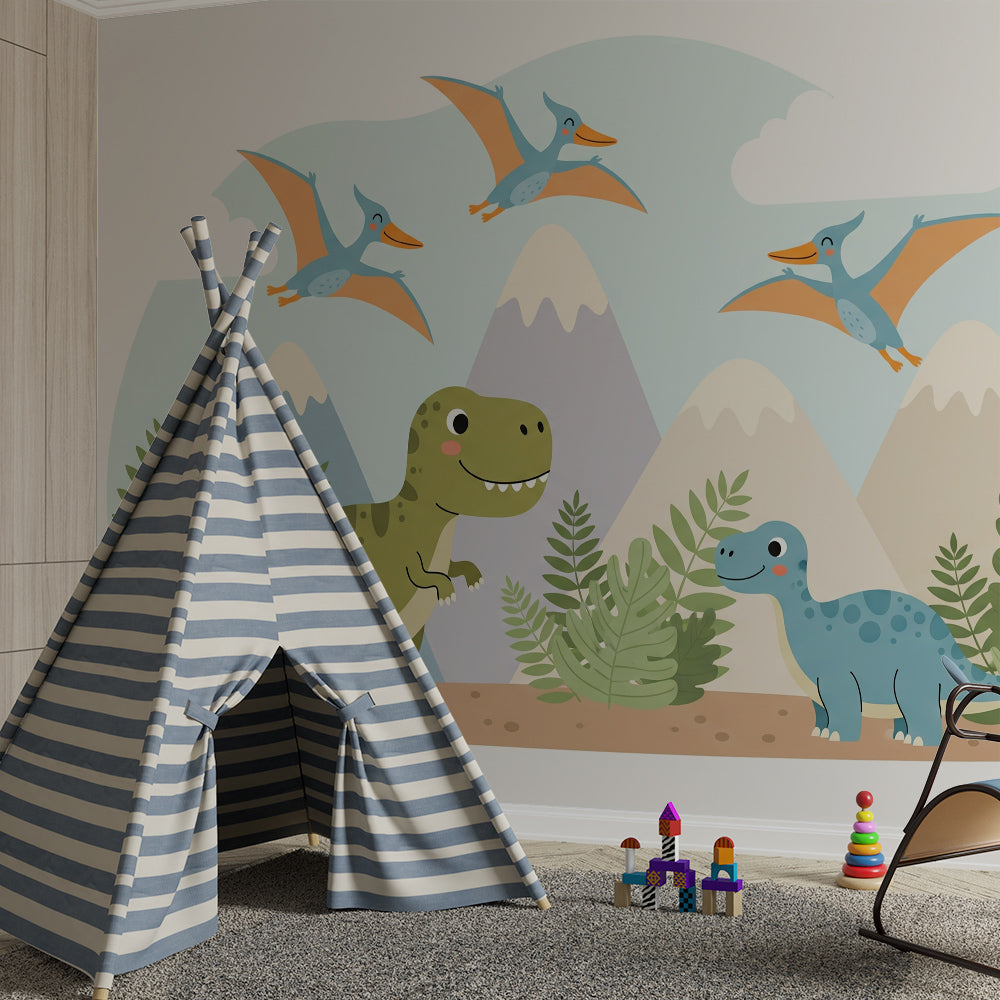 Kids-Mundo cartoon dinosaur wall mural on a feature wall in a fun kids bedroom.