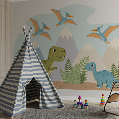Kids-Mundo cartoon dinosaur wall mural on a feature wall in a fun kids bedroom.
