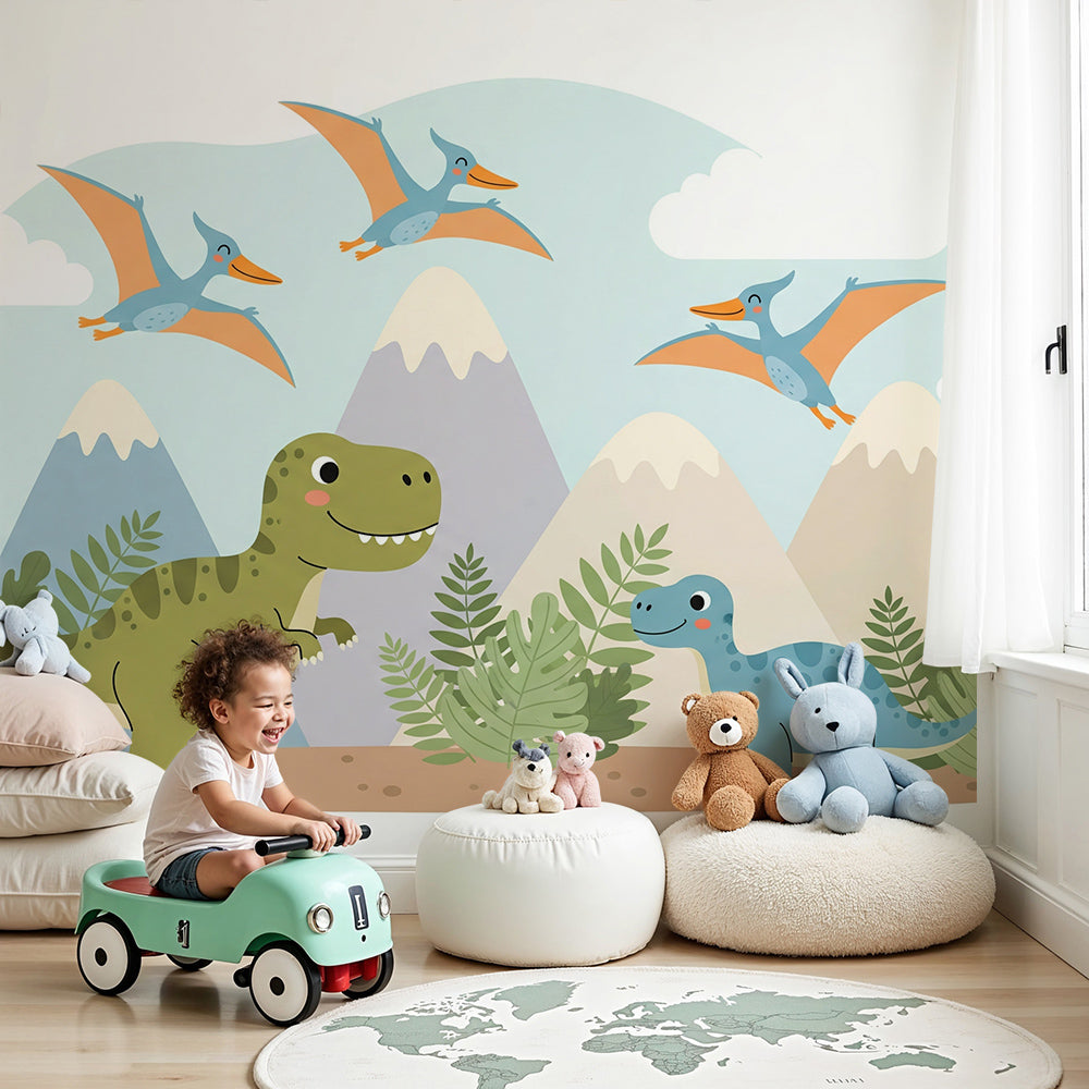 Kids-Mundo dinosaur wall mural styled in a bright, playful nursery with pastel mountains.