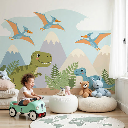 Kids-Mundo dinosaur wall mural styled in a bright, playful nursery with pastel mountains.