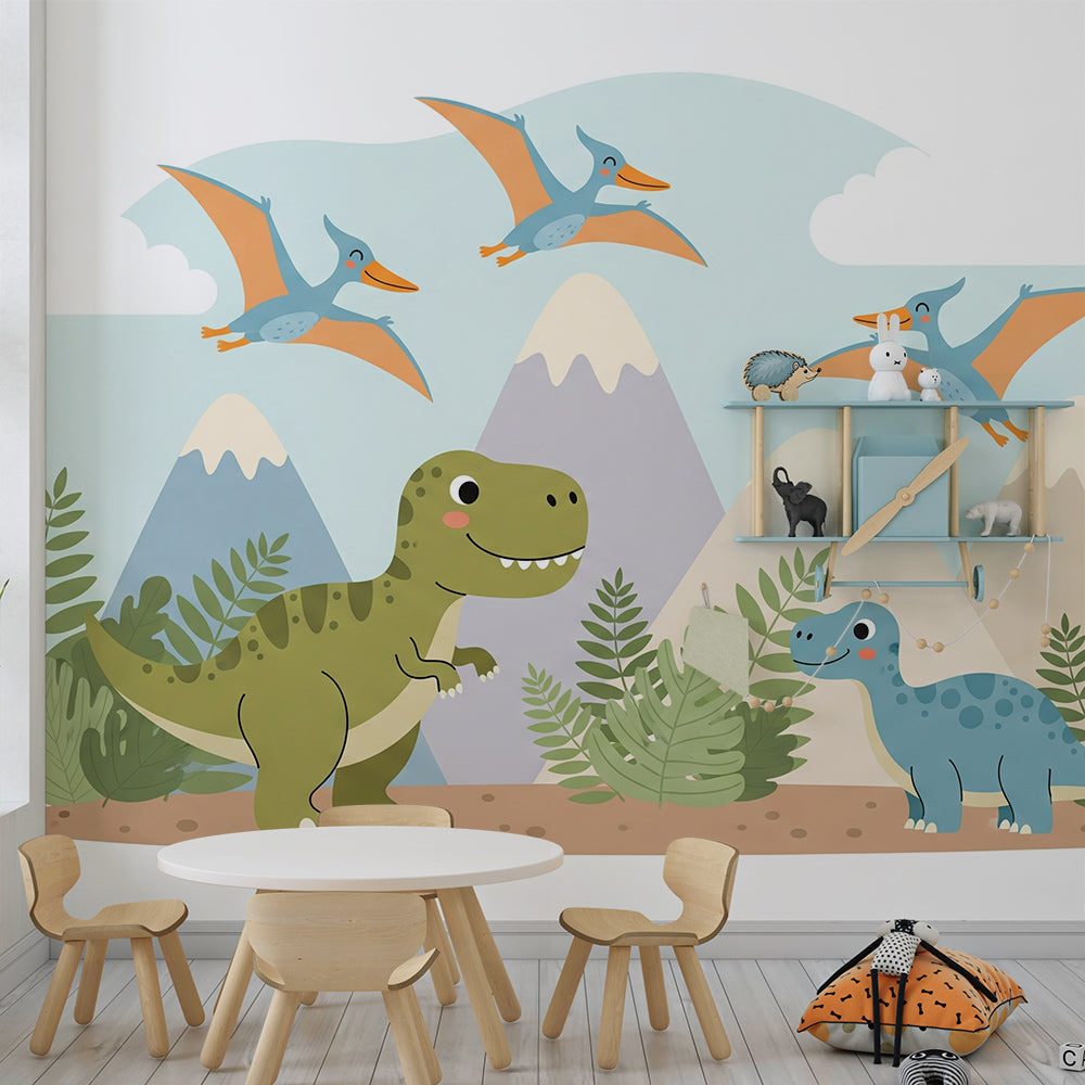 Kids-Mundo dinosaur mountain wall mural bringing prehistoric fun to a playroom wall.