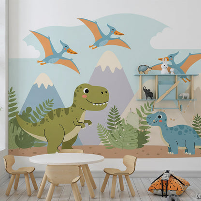 Kids-Mundo dinosaur mountain wall mural bringing prehistoric fun to a playroom wall.