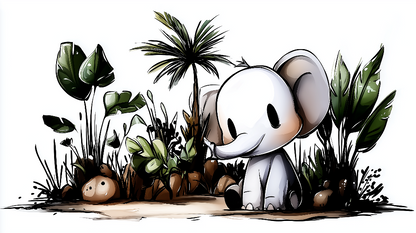 Kids-Mundo flat artwork of a wide-eyed cartoon baby elephant sitting among jungle plants