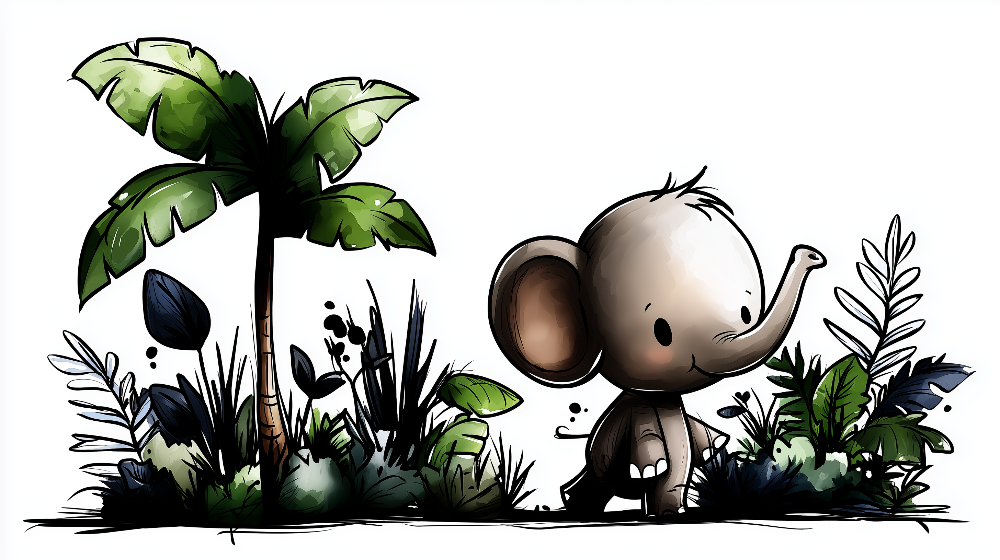 Kids-Mundo flat artwork of a cartoon baby elephant walking through leafy jungle plants