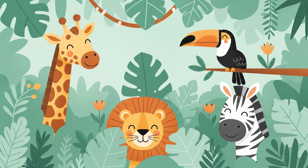 Kids-Mundo flat artwork of a cartoon giraffe, lion, zebra and toucan among jungle leaves