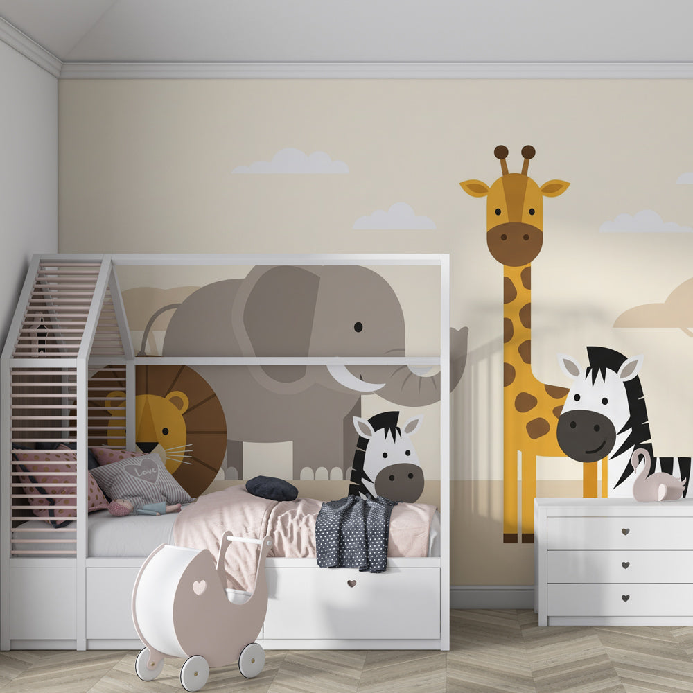 Kids-Mundo safari animal wall mural with lion, zebras and monkey brightening a children's bedroom wall