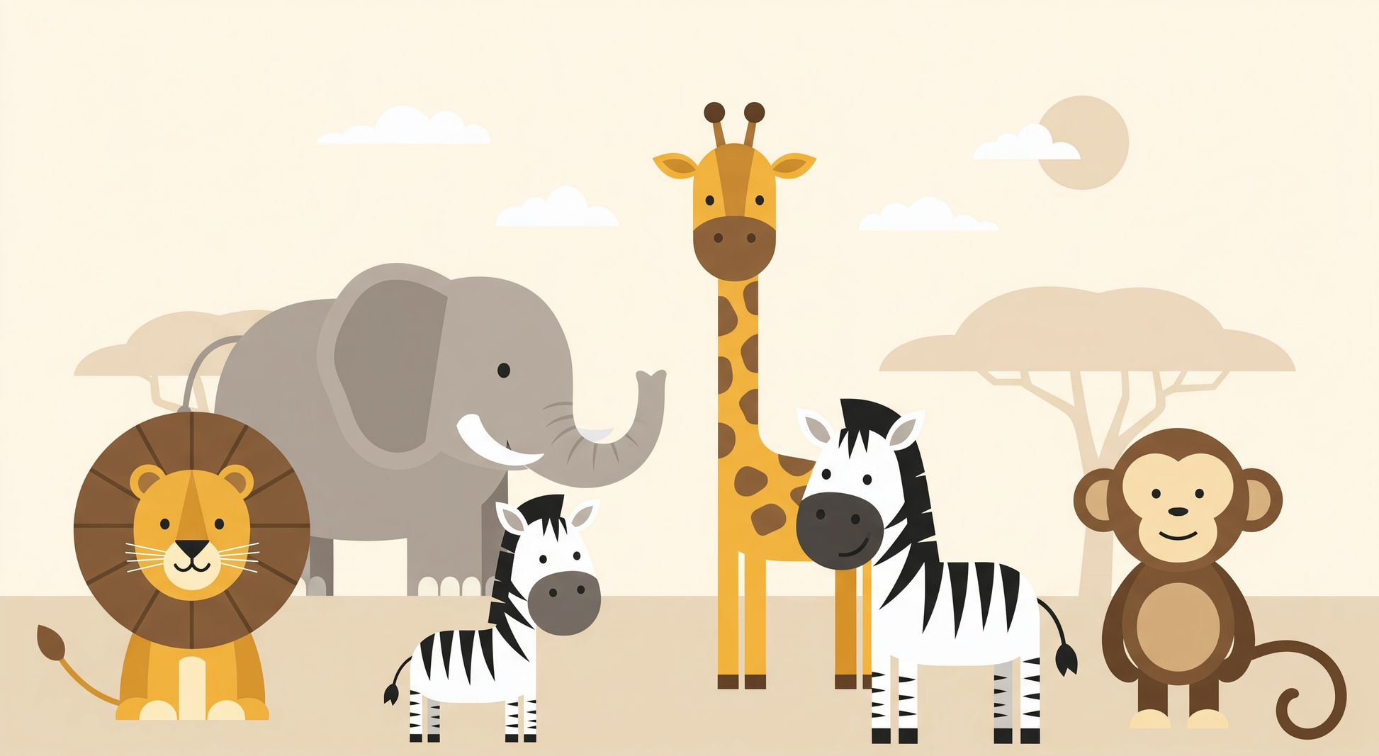 Kids-Mundo flat illustration artwork of safari animals including lion, elephant, giraffe, zebras and monkey