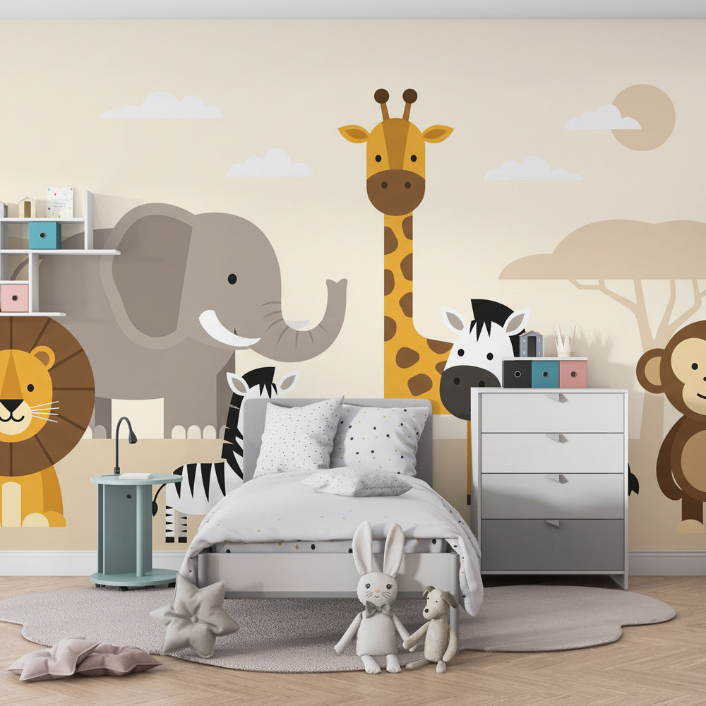 Kids-Mundo cute safari animals mural transforming a playroom wall with lion, giraffe and zebras