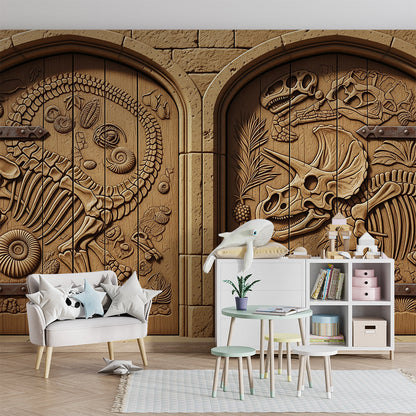 Kids-Mundo carved fossil dinosaur mural bringing a temple feature to a playroom