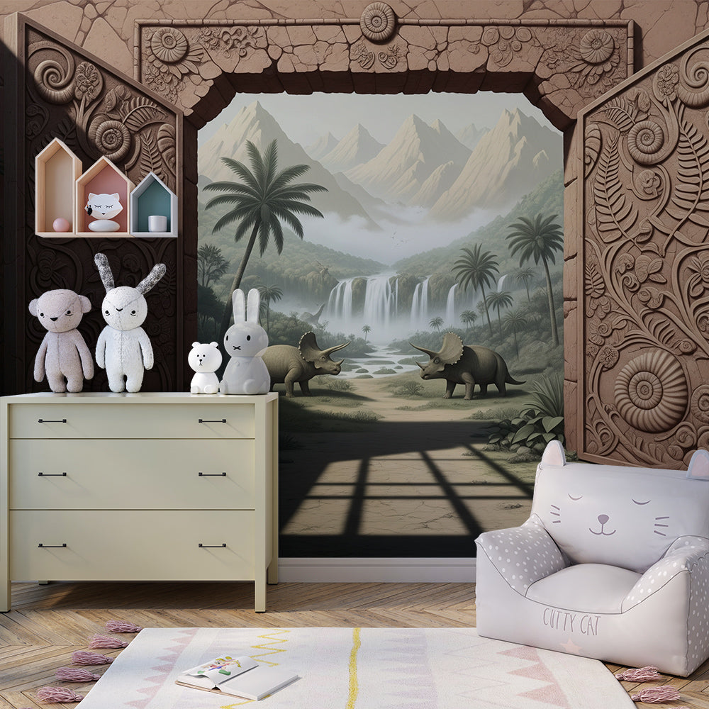 Kids-Mundo carved stone door dinosaur mural on a feature wall in a kids bedroom