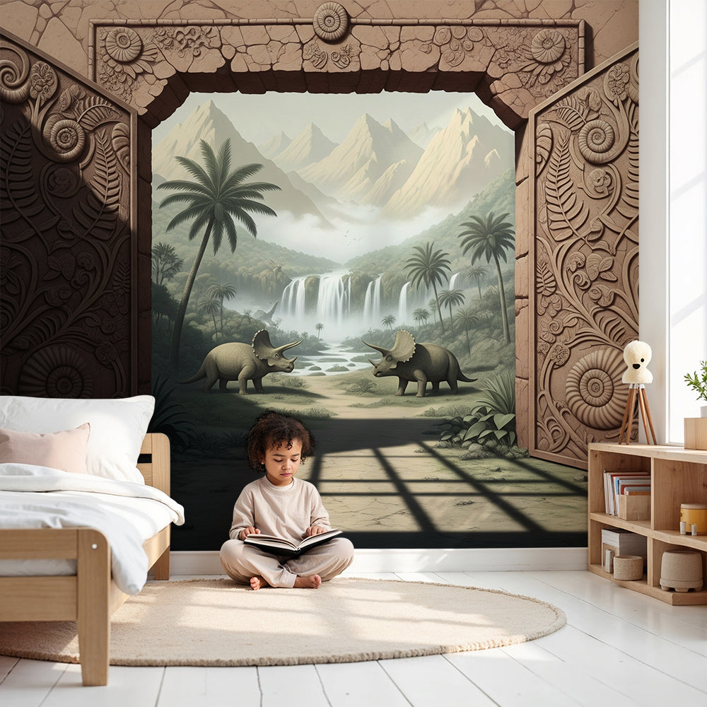 Kids-Mundo triceratops jungle waterfall doorway mural in a bright nursery room setting