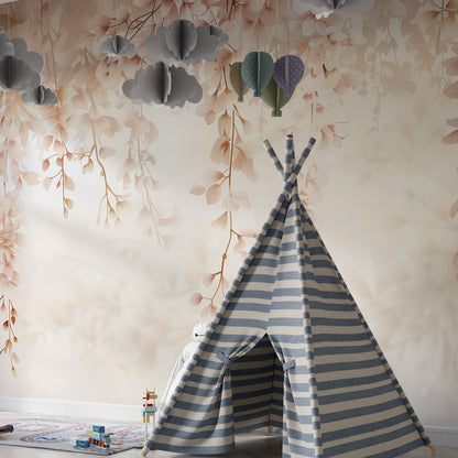 Kids-Mundo blush wisteria wall mural adding softness to a bright, playful playroom.