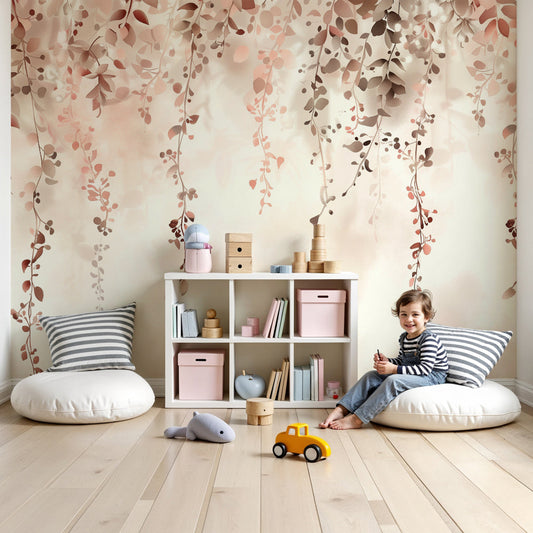 Kids-Mundo cascading pastel leaf wall mural styled in a calm nursery with soft dusty pink tones.