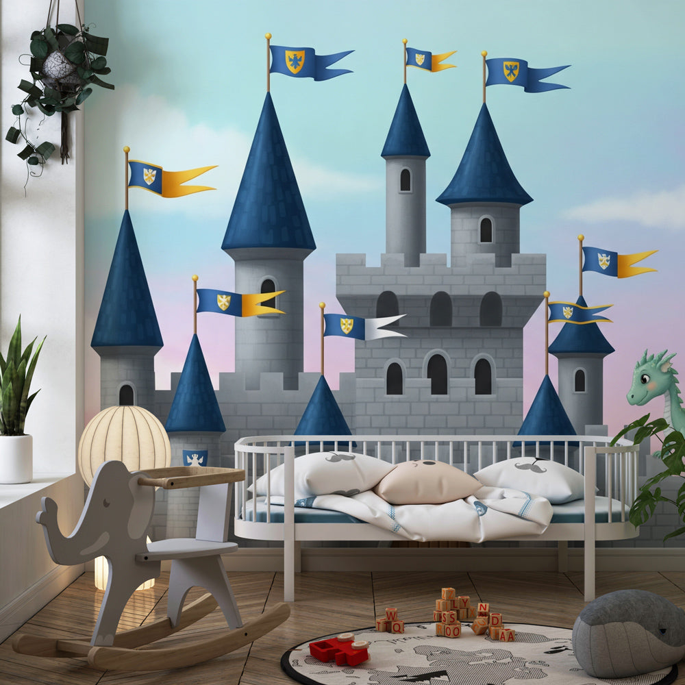 Medieval castle wallpaper creating magical nursery decor with blue pastel tones
