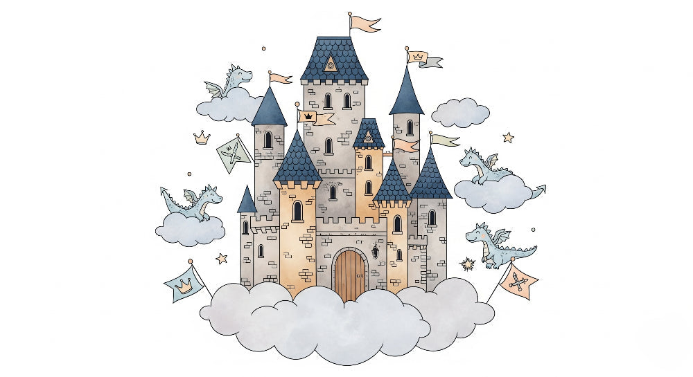 Detailed castle dragons mural wallpaper design pattern showing magical kingdom artwork by Kids-Mundo