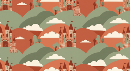 Kids-Mundo flat artwork of a repeating pattern with small castles on rolling hills.