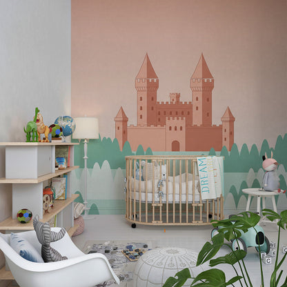 Kids-Mundo castle and forest hills wall mural styled on a kids bedroom wall