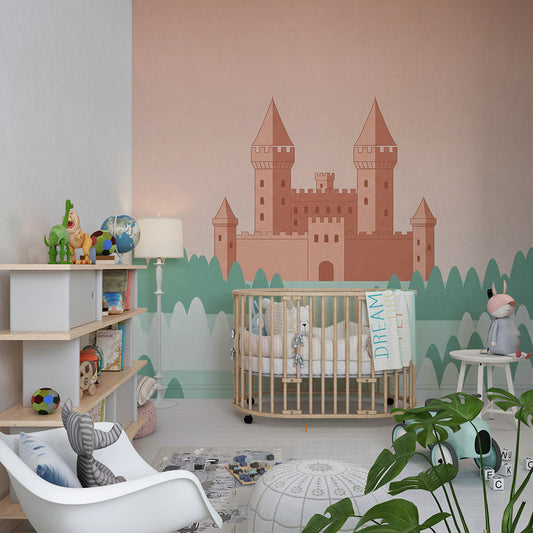 Kids-Mundo castle and forest hills wall mural styled on a kids bedroom wall