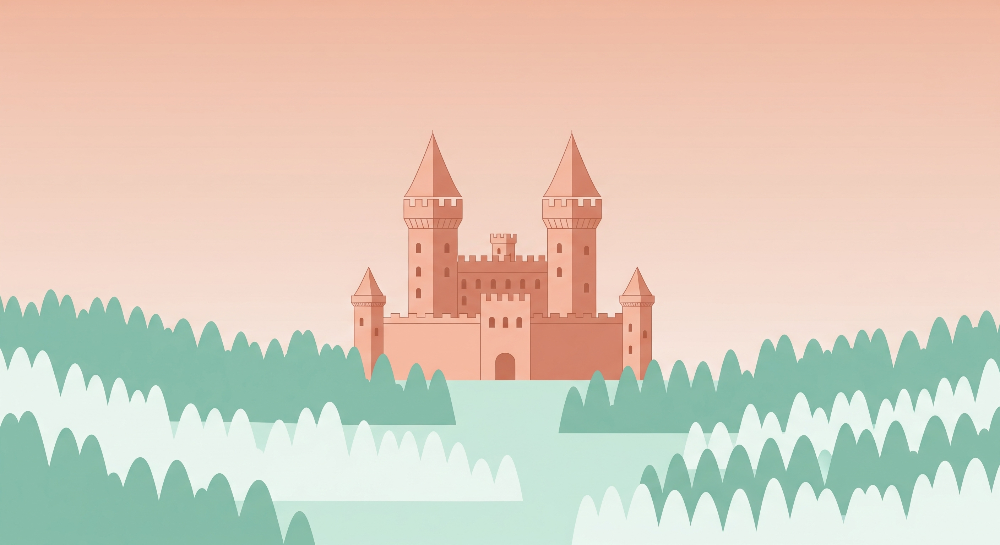 Flat artwork preview of the Kids-Mundo castle in the hills wall mural design