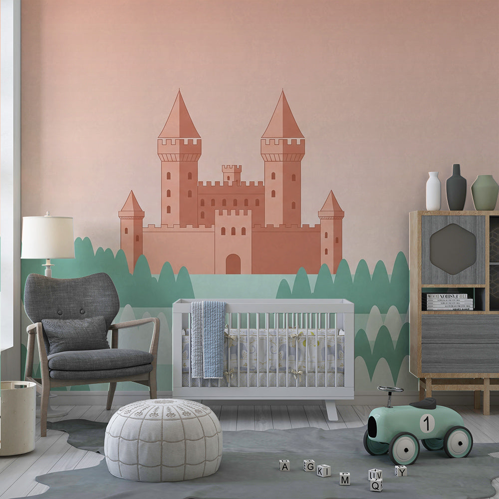 Kids-Mundo castle in the hills wall mural bringing a calm scene to a playroom
