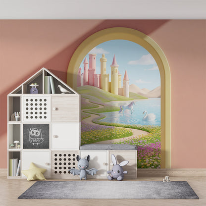Kids-Mundo unicorn wall mural with castle towers and a lake shown on a kids bedroom wall.