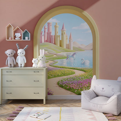 Kids-Mundo fairytale castle lake mural mockup displayed on a bright children's playroom wall.