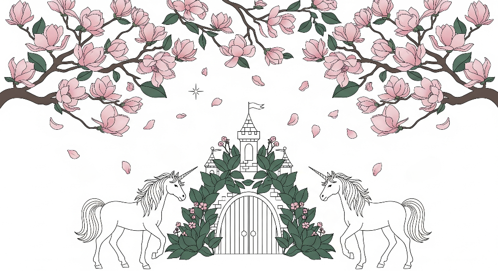 Fairytale Castle and Magnolia Unicorns Wall Mural