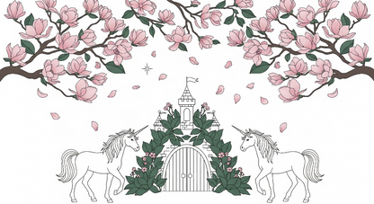 Kids-Mundo flat artwork of two unicorns beside a castle gate under magnolia blossom branches