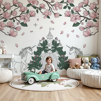 Kids-Mundo castle and magnolia unicorn wall mural fitted above a cot in a light nursery