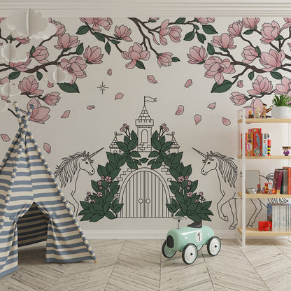 Kids-Mundo magnolia unicorn castle mural brightening a soft-toned children's playroom
