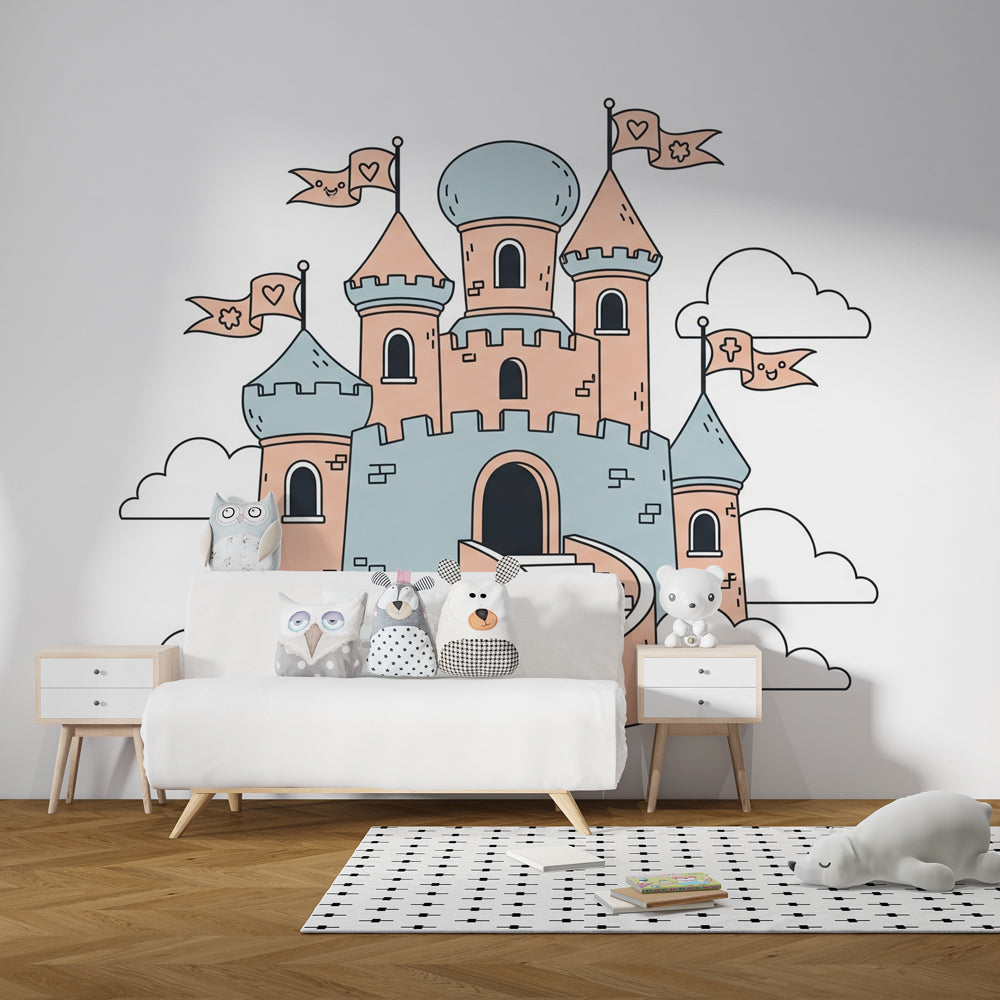Castle in clouds wallpaper creating magical fairy tale atmosphere in children's bedroom