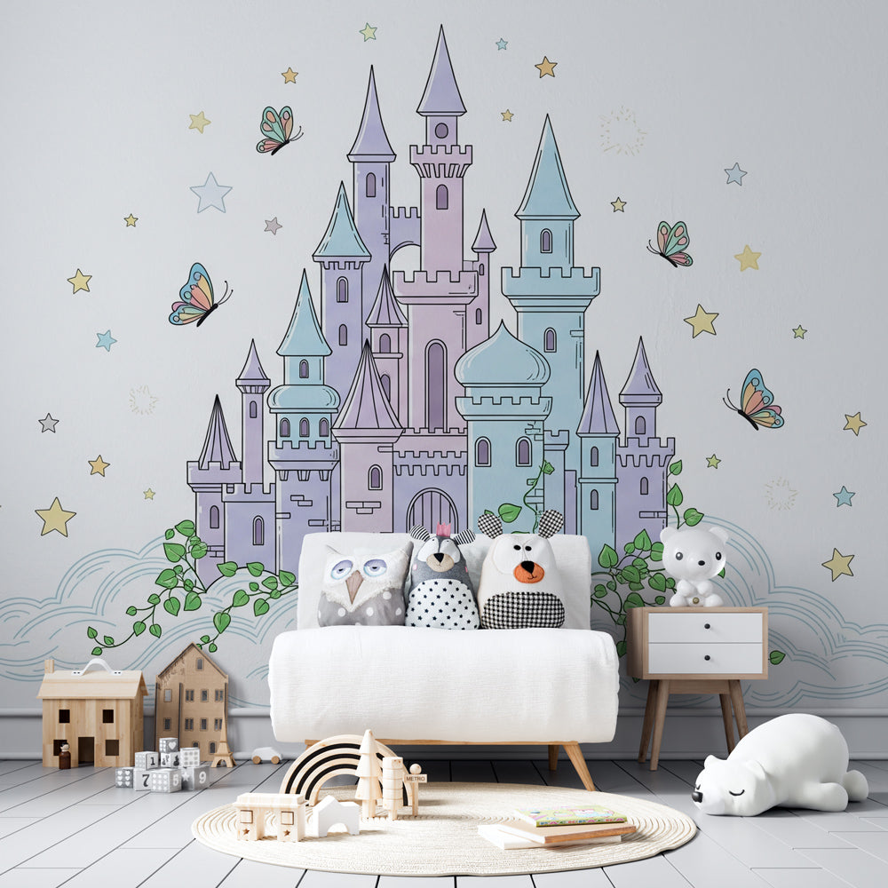 Enchanted castle wallpaper transforming children's bedroom into magical kingdom space