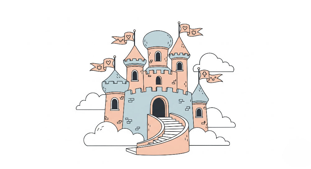 Detailed enchanted castle mural wallpaper design pattern with towers and clouds by Kids-Mundo