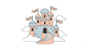 Detailed enchanted castle mural wallpaper design pattern with towers and clouds by Kids-Mundo