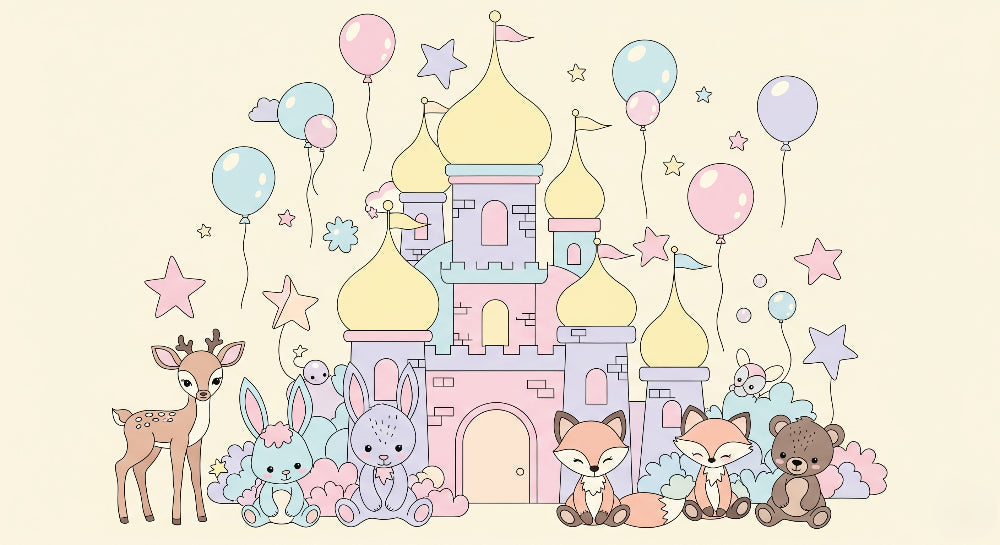 Detailed castle and forest animals mural wallpaper design pattern by Kids-Mundo